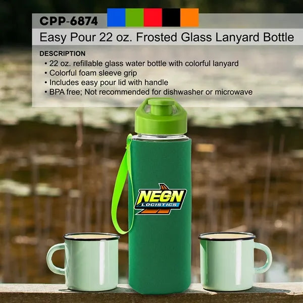 Easy Pour 22 oz Frosted Glass Sleeve Lanyard Bottle