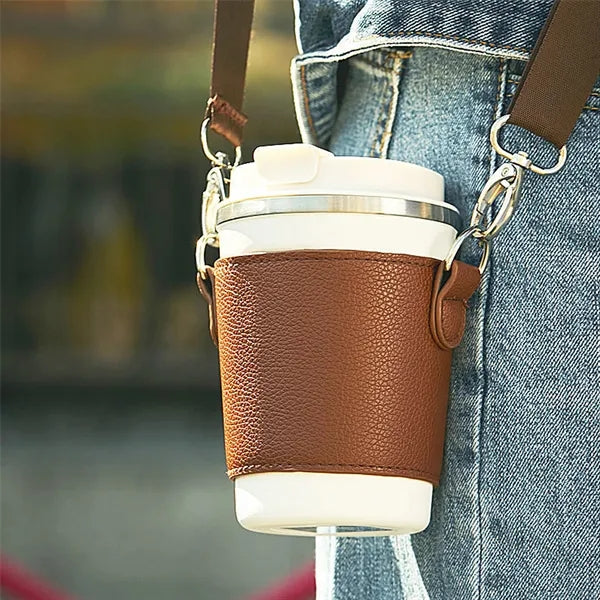 Leather Portable Crossbody Strap Cup Holder