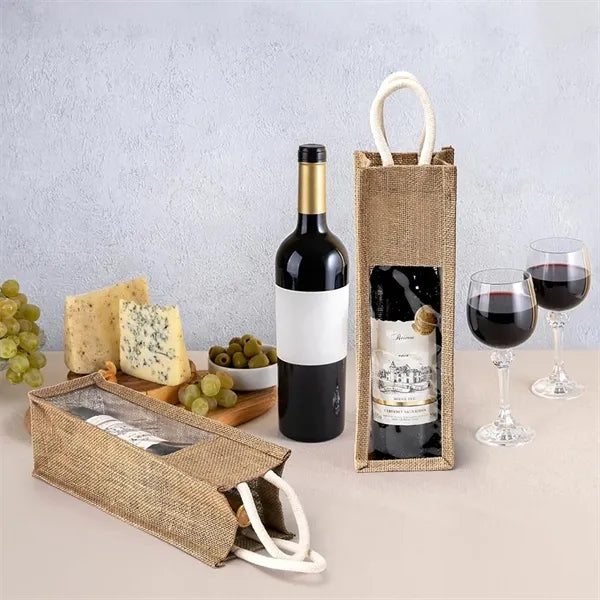 Single Burlap Jute Wine Bottle Bag With Clear Window