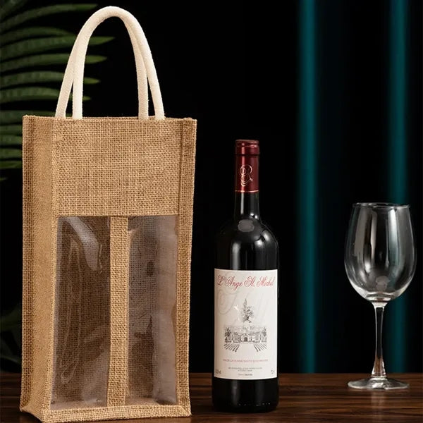 Burlap Jute Double Wine Bottle Bag With Clear Window