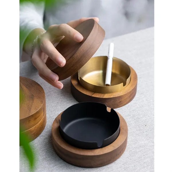 Wooden Lid With A Stainless Steel Liner Windproof AshTray
