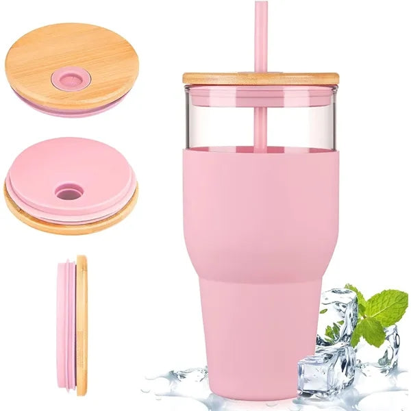 32 Oz. Glass Cups With Lids And Straws