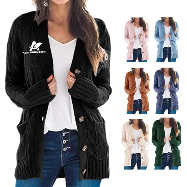 Women's Long Sleeve Knit Sweater Button Loose Outerwear