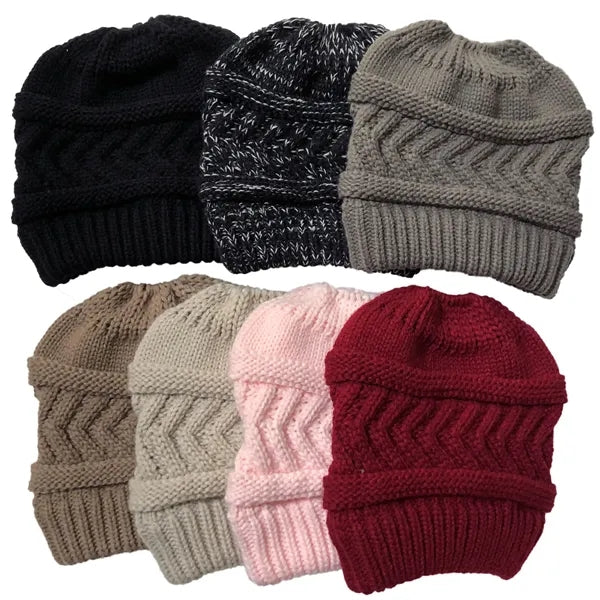 Women's Beanie Ponytail Messy Solid Ribbed Hat Cap