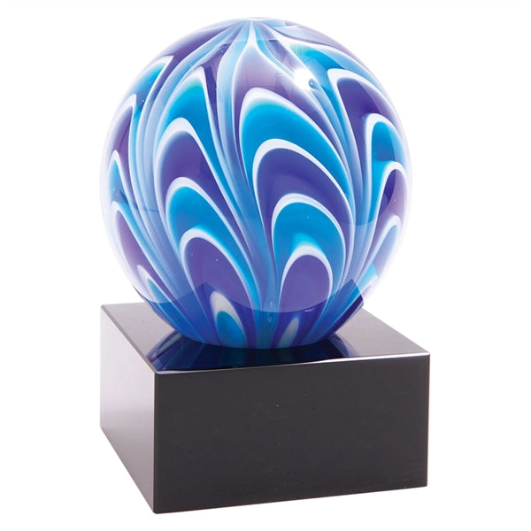 Blue and White Art Glass Sphere on Black Crystal Base, 5"