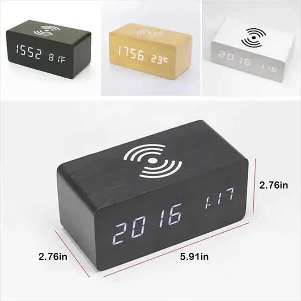 Wooden Digital Alarm Clock with Wireless Charging