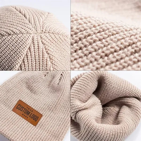 Cuffed Knit Beanie With Faux Leather Patch