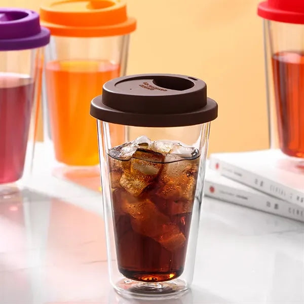 12oz Double Walled Glass Coffee Mugs with Silicone Lids