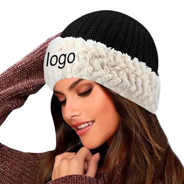 Knitted Chunky Winter Beanie Hat with Faux Fur Brim