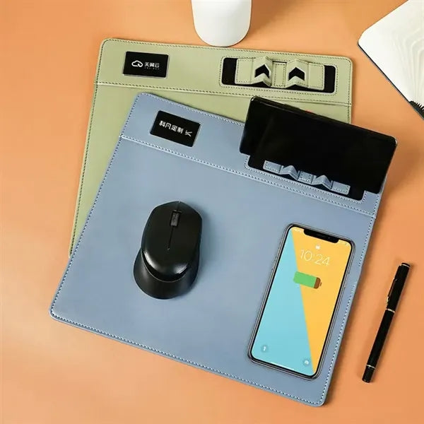 Leather Wireless Charging Mouse Pad With Phone Holder