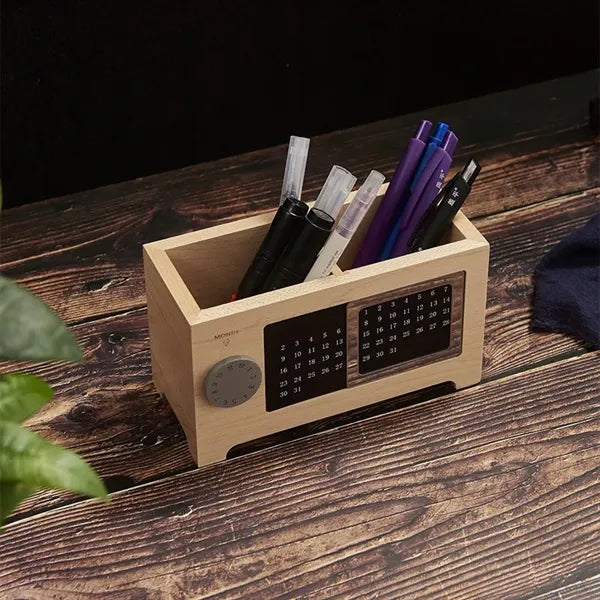 Wooden Desk Organizer Stationery Pen Holder With Calendar
