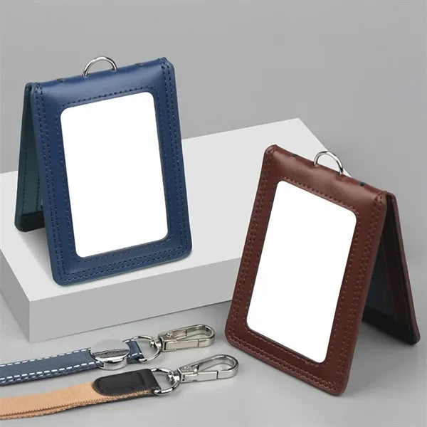 Genuine Leather Vel-cro Vertical ID Badge Holder With Lanyar