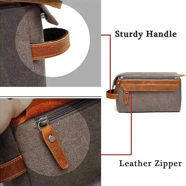 Crazy Horse Leather Canvas Travel Cosmetic Bag