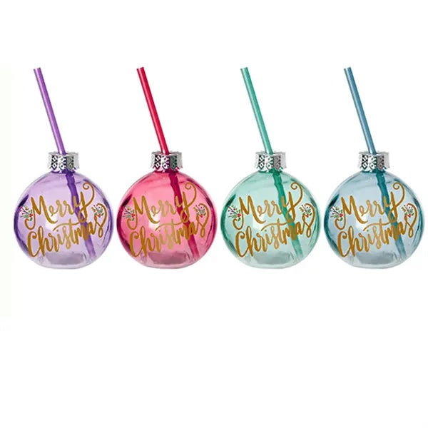 13 oz Christmas Ball Bulb Glass Cup With Straw Party Bottle