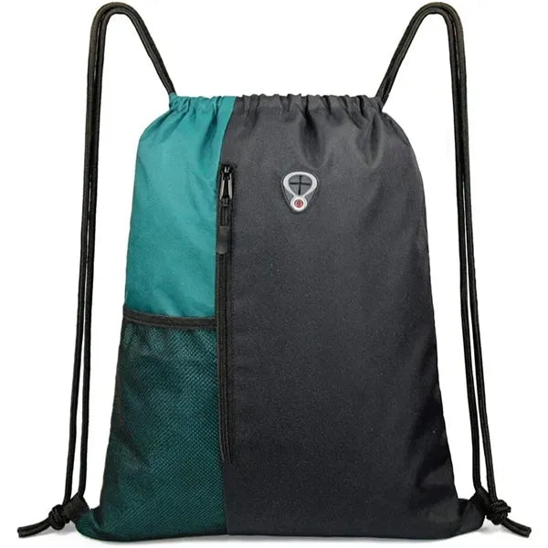 Nylon Sports Gym Drawstring Backpack W/Zipper & Mesh Pockets