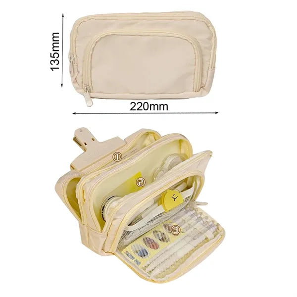 3 Compartments Large Pencil Pouch Pen Bag Box