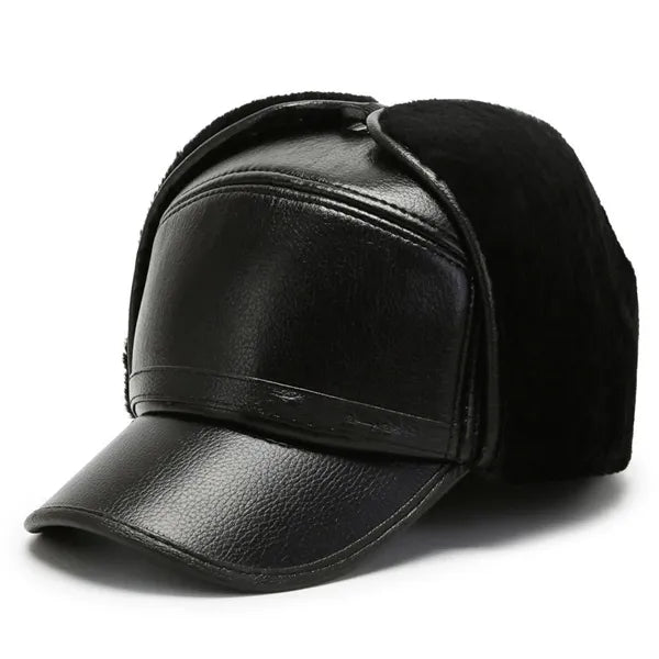 Winter Leather Earflap Cap Trapper Fur Hat Windproof