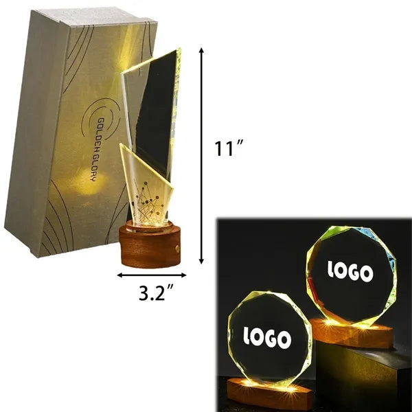 Crystal Award Plaque Trophy W/ Wood Base w/LED lights