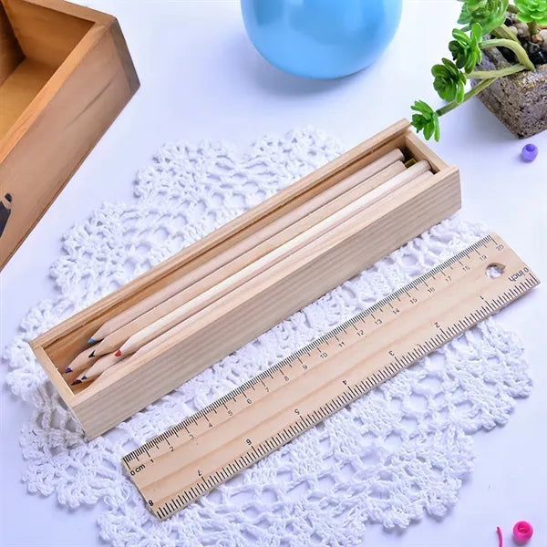 12 Colored Pencil Set With Lead Sharpener And Wooden Ruler