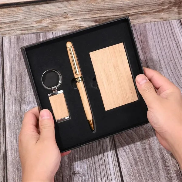 Eco Bamboo Business Card Holder Pen Keychain Gift Kit