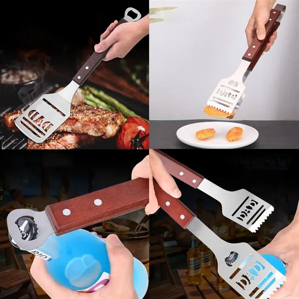2-in-1 Steak Frying Spatula BBQ Grill Tongs & Bottle Opener
