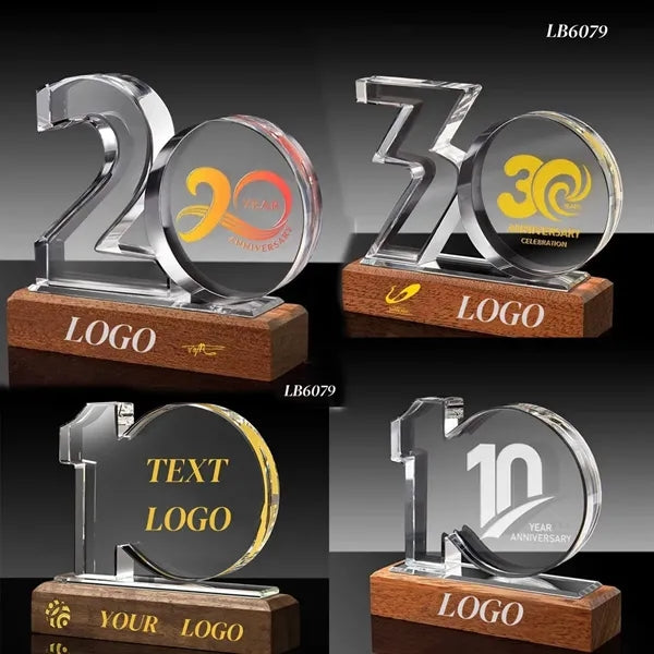Work Anniversary Crystal Awards with Wood Base