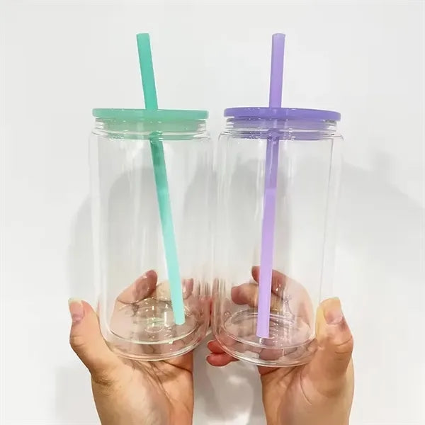 Double Wall Insulted 16oz Plastic Can Cup with Straw and Lid