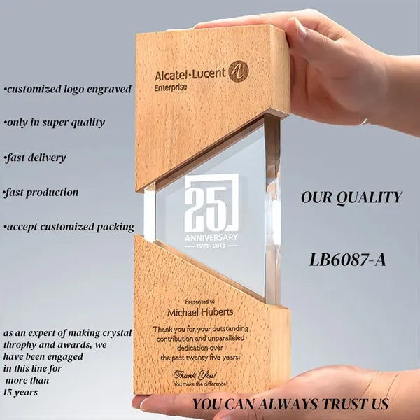 Wooden Plaque Award Crystal Throphy Personalized