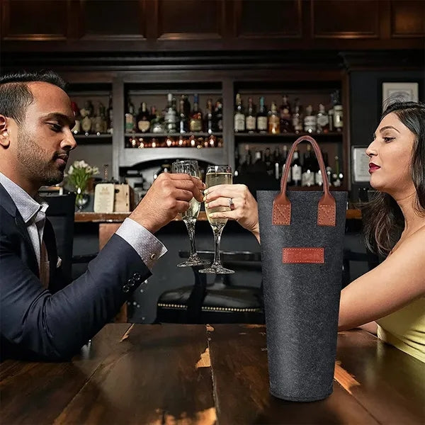 Single Insulated Felt Bottle Wine Tote Bag With Leather Hand