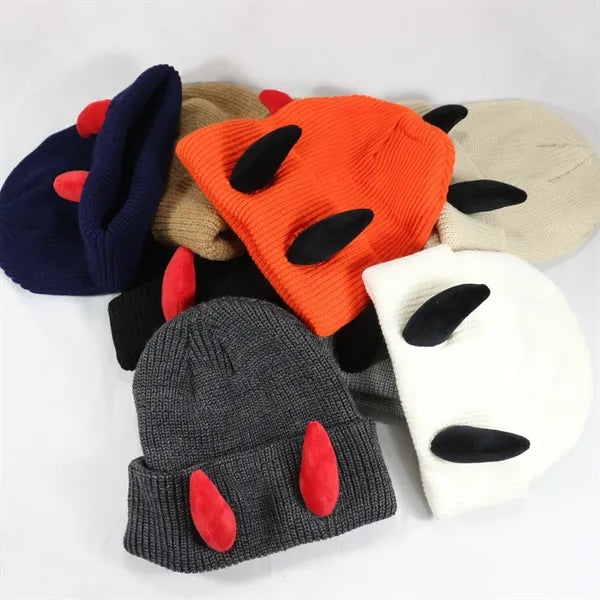 Halloween Devil Horns Winter Knit Cap Novelty Pullover Hat