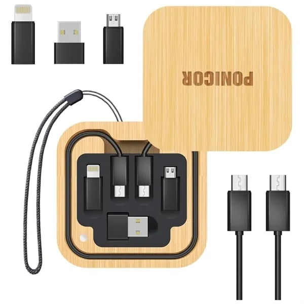 Multi USB Adapter Kit Fast Charging Cable Bamboo Storage Box
