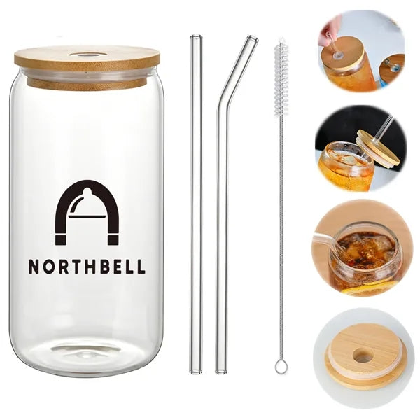 16 Oz Can Glass With Bamboo Lid and Straw/Straw Brush