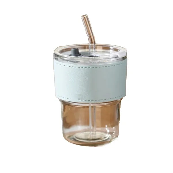 13oz Glass Coffee Mug w/ Straw Lid Leather Sleeve