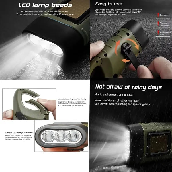 Hand-Cranked 3 Led Solar Rechargeable Flashlight