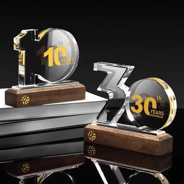 Crystal Anniversary Award Trophy with Wooden Base