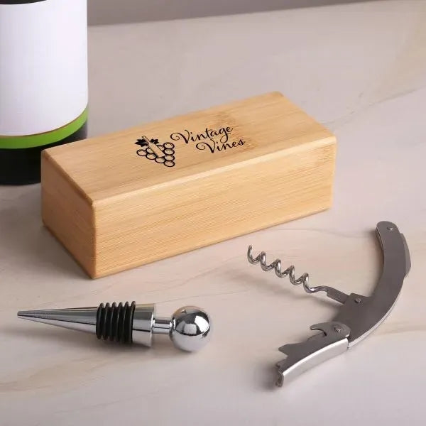 2-Piece Bamboo Wine Opener Set w/ Magnetic Closure