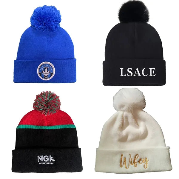 Two-Tone Patch Pompom Beanies