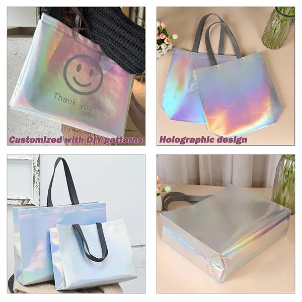 Iridescent Non-Woven Goodie Bags Gift Tote with Gray Handles