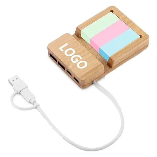 Bamboo Eco-Friendly USB Hub W/ Sticky Notes And Type-C Cable