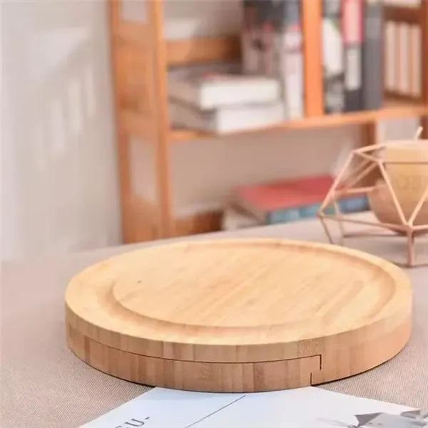 Round Cheese Plate Wooden Cutting Board With Cutlery Set