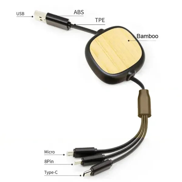 Bamboo Retractable 3-in-1 Charging Cables