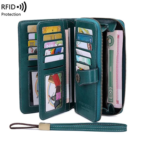 RFID Long Zipper Wallet With Detachable Lanyard
