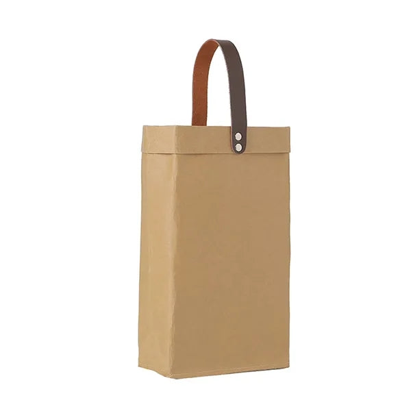 Eco-Friendly Washable Kraft Wine Tote w/ Leather Handle