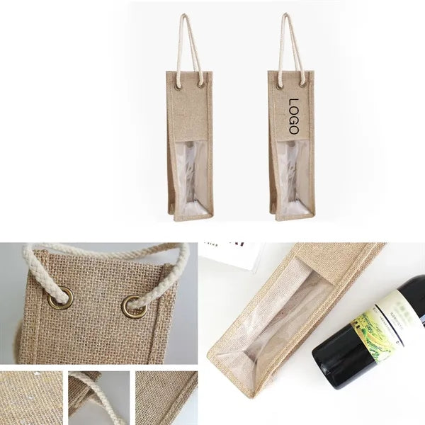 Jute Single Bottle Wine Gift Tote Bags w/ Window