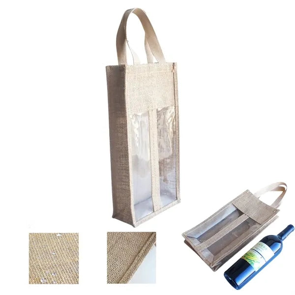Clear Window Burlap Portable 2 bottles Wine Bag