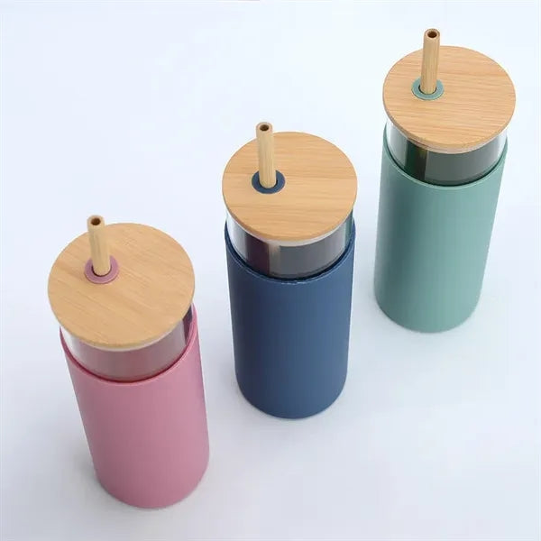 16 Oz Silicone Cover Glass Cup with Bamboo Lid and Straw