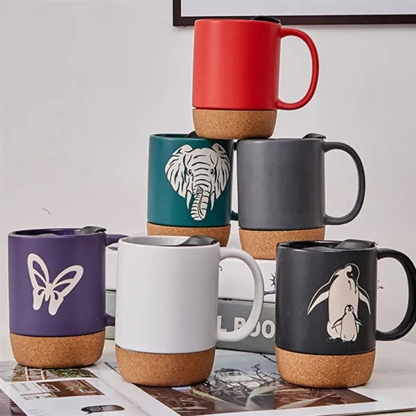 13 oz. Ceramic Coffee Mug Cork Base Spill Proof Lid Handle