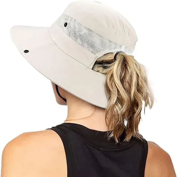 Outdoor Sun Hats Mesh Wide-Brim Beach W/ Ponytail-Hole