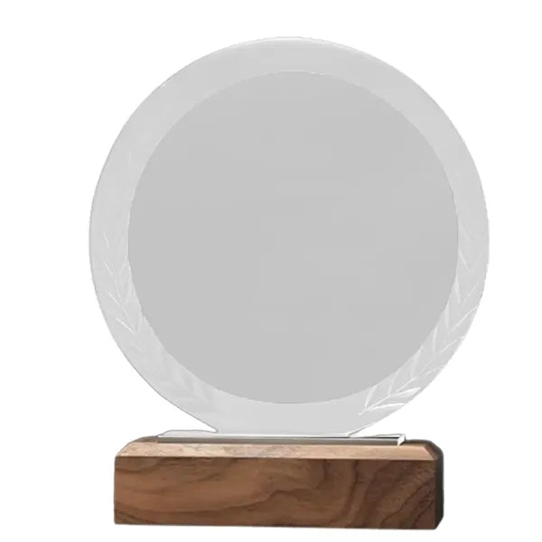 Round K9 Crystal Award with Wooden Base