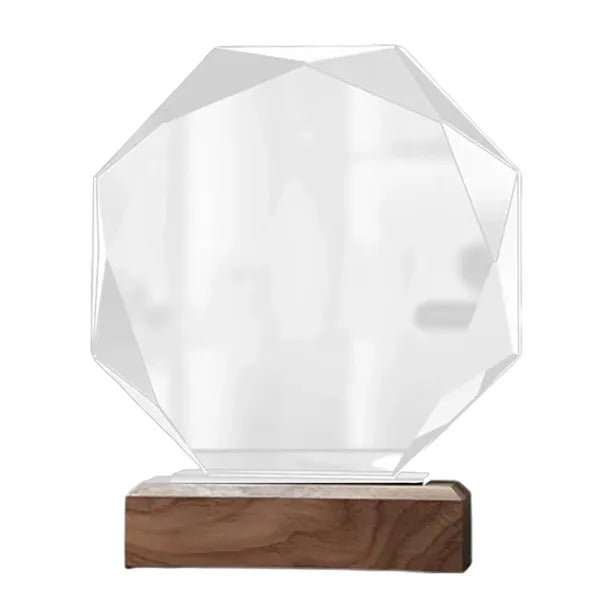 Octagonal K9 Crystal Award with Wooden Base